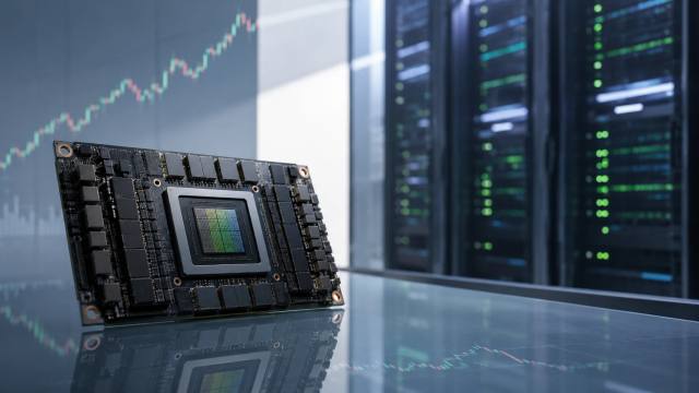 AI-chip met datacenter en koersgrafieken