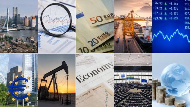 Collage van grondstoffen, transport, valuta en markten