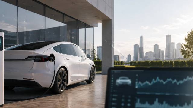 Elektrische auto bij een showroom met beursgrafieken