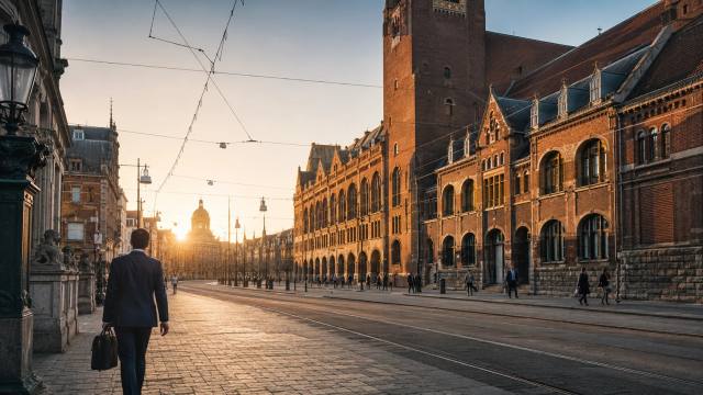 Damrak in Amsterdam bij zonsopkomst