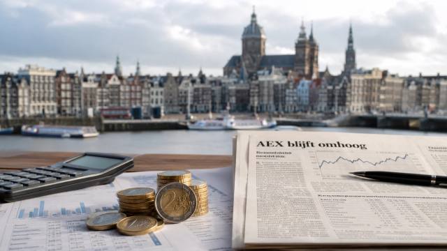 Financiële krant en munten met uitzicht op Amsterdam