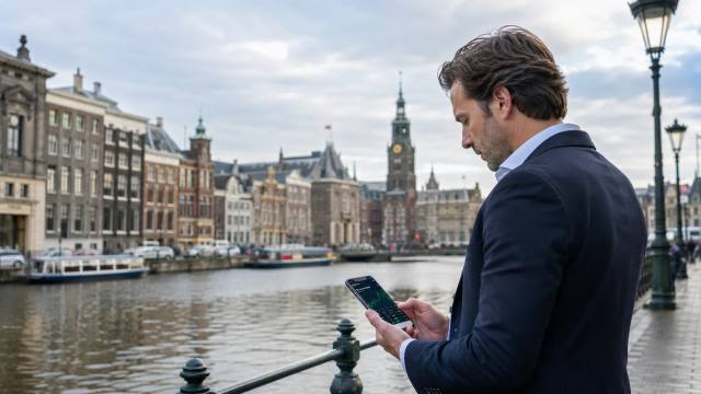 Belegger met smartphone aan een Amsterdamse gracht